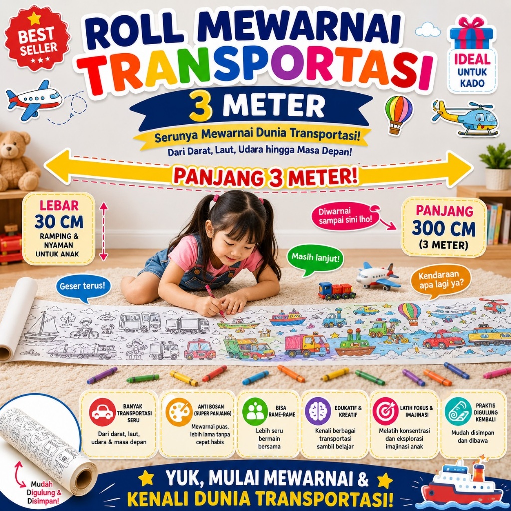DSG - (Motif TRANSPORTASI) Roll Kertas Mewarnai Anak 3 Meter x 30 Cm Mudah Digulung/Kertas Mewarnai 