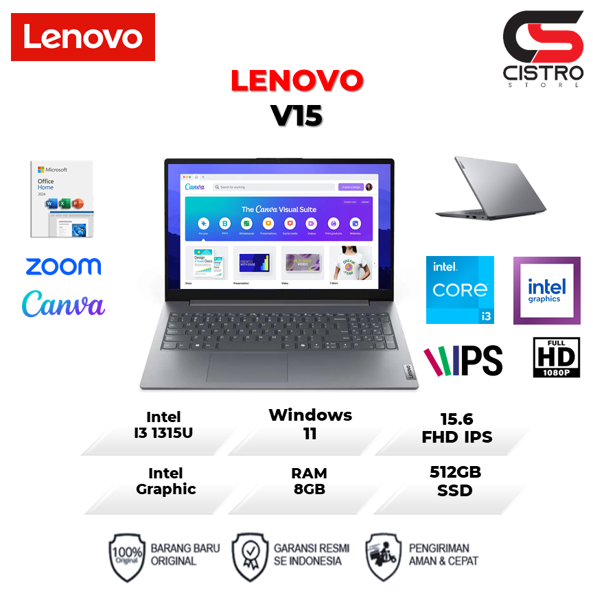 Laptop Bisnis LENOVO V15 G5 I3 1315 8GB 512GB W11+OHS 15.6FHD IPS 2Y GRY Garansi Resmi