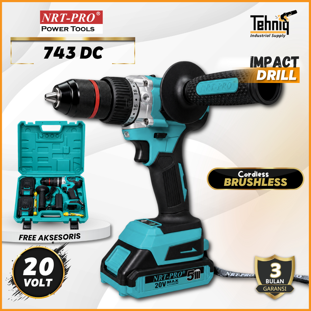 NRT Pro 743 DC Mesin Bor Baterai 13mm 20V / NRT-Pro 743DC Cordless Impact Drill Set 20V