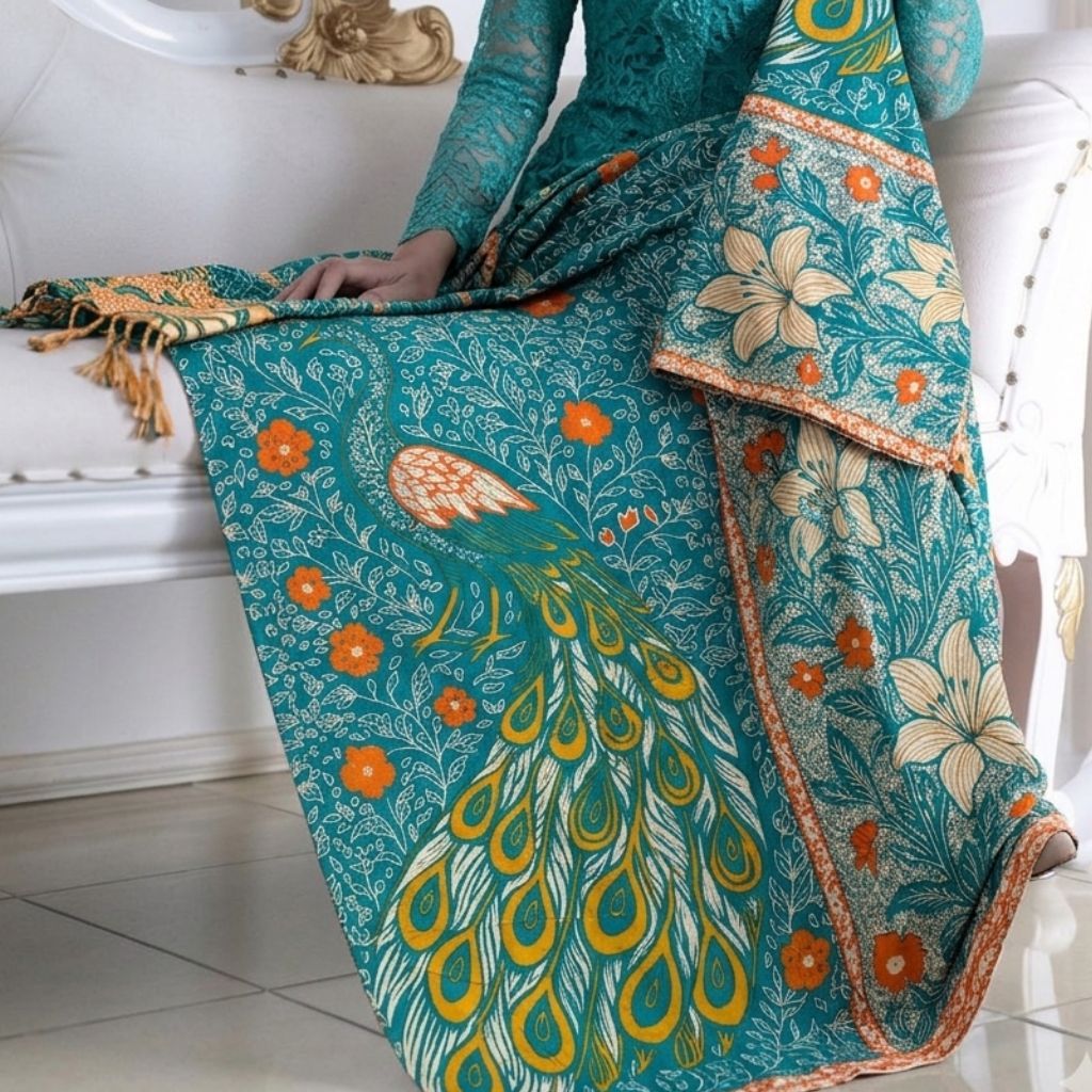Selendang Motif Lyly 60cm Warna Biru Kuning Bordir Motif Burung Merak Elegan