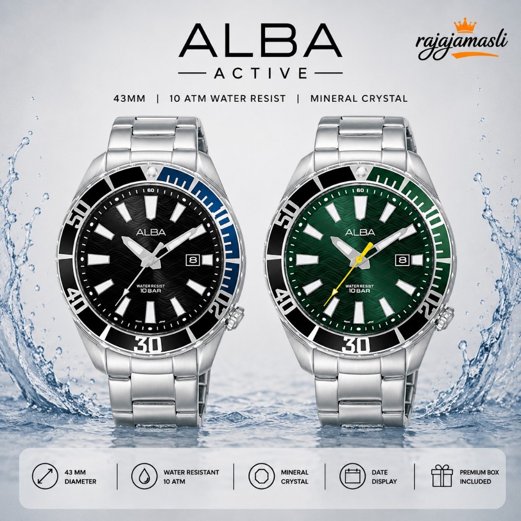 Alba Active AG8K29X1 AG8K33X1 Jam Tangan Pria Stainless Steel Strap 43mm 10ATM Tahan Air Fitur Tangg