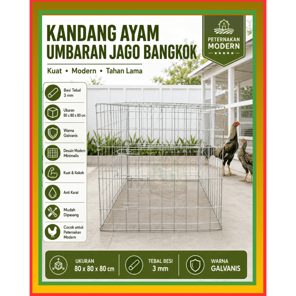 Kandang Ayam Umbaran Kotak 80x80x80 cm – Super Kokoh & Luas | Ideal untuk Ayam Bangkok, Ayam Kampung