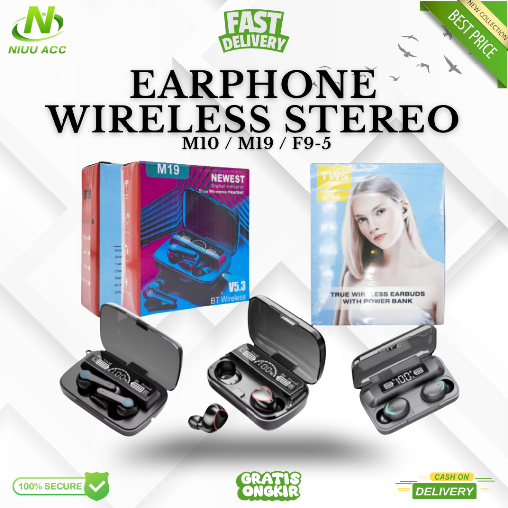 HANDSFREE TWS M19 / SPORT M10 / F9-5+ EARPHONE BLUETOOTH WIRELESS M19 TWS LED HEADSET BLUETOOTH 5.1 