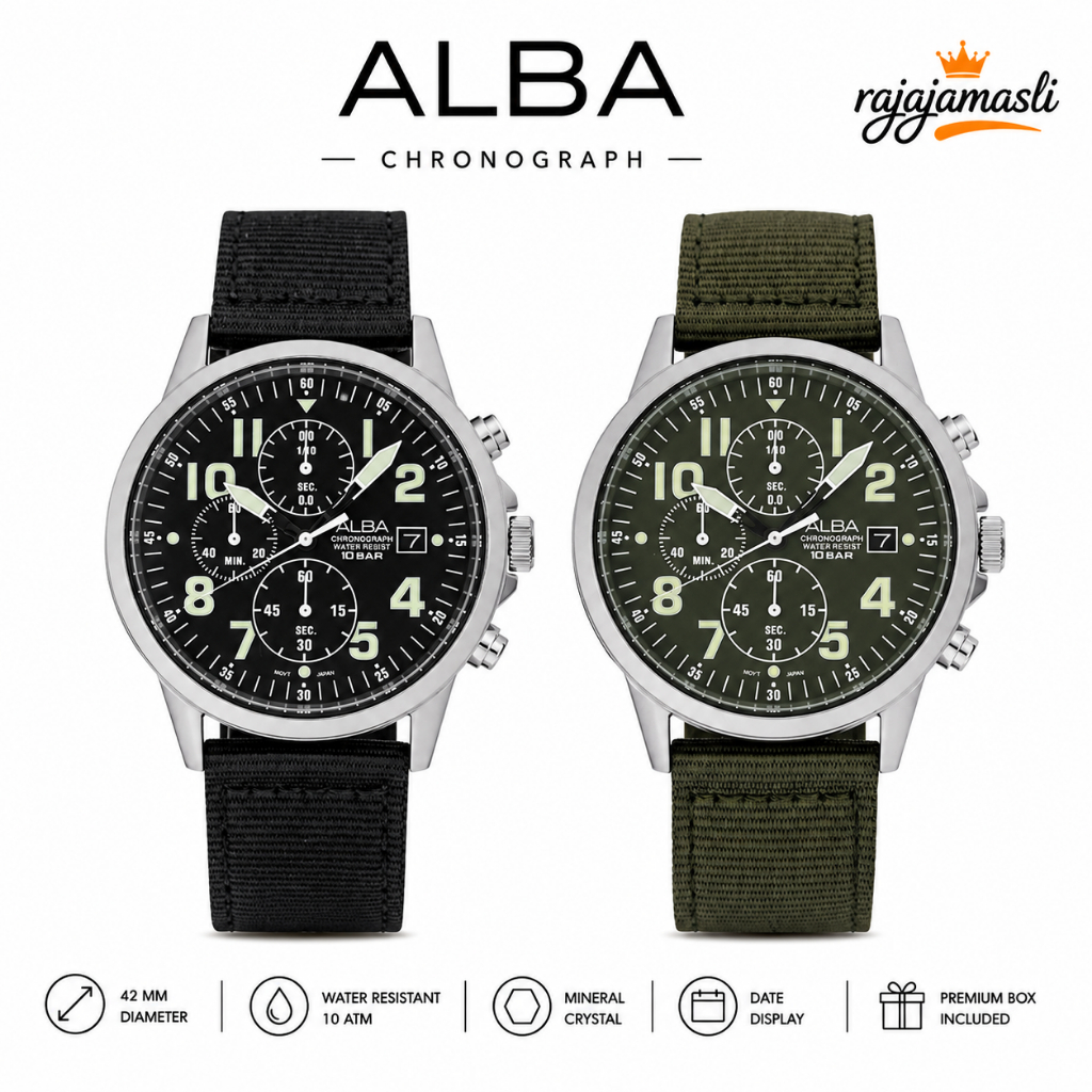 Alba Chronograph AM3853X1 AM3855X1 Jam Tangan Pria Stainless Steel 42mm Nylon Strap 10 ATM Tanggal G