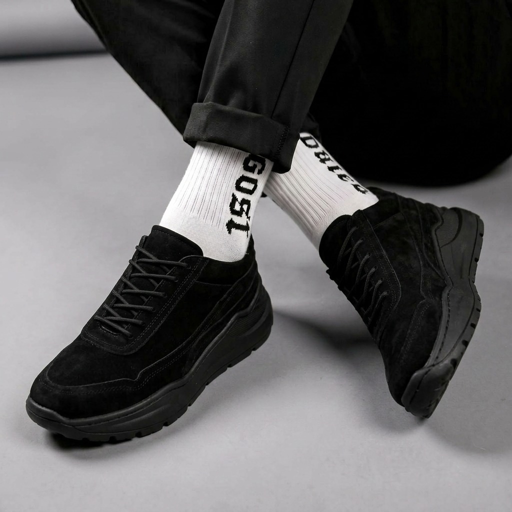 Sepatu Sneakers Pria Casual HItam Suede Tali Sole Chunky