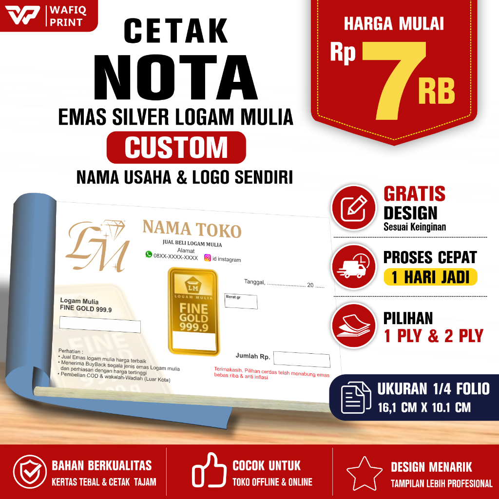 Cetak Nota Custom 1/4 Folio Nama Usaha Sendiri Gratis Design 1 Ply 2 Ply Buku Kwitansi Toko Emas