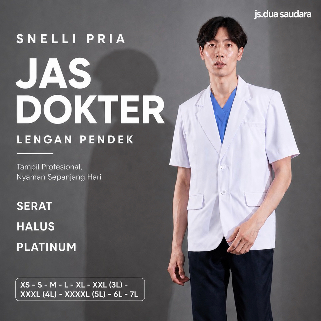 jas dokter pria lengan pendek / snelli pria lengan pendek / baju dokter pria / jas putih pria merk d