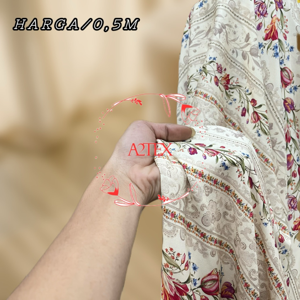 New (Motif Bunga Tulip Stripe Bergaya Vintage) Kain Katun Rayon Viscose Premium - Kain Rayon Motif E