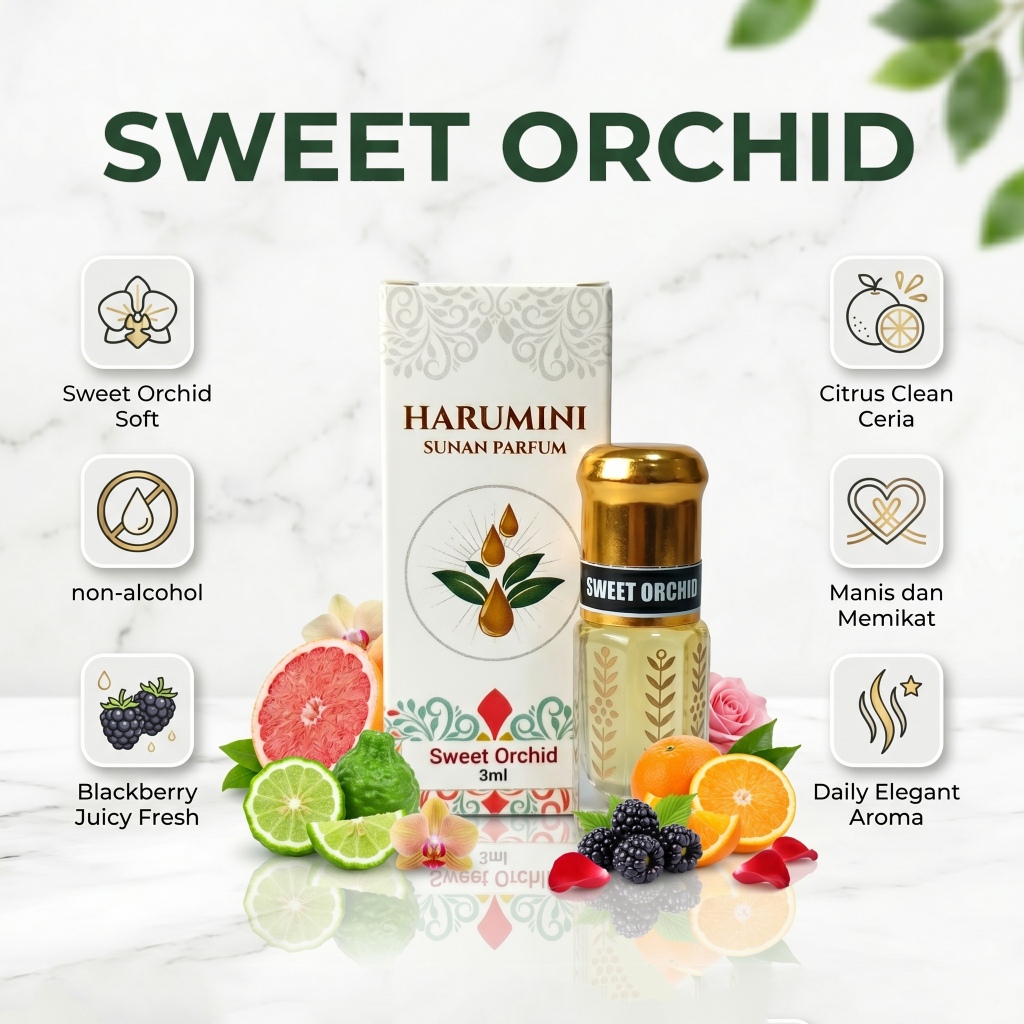 PARFUM SWEET ORCHID, AROMA CITRUS BERRY AMBER MUSK, PURE PARFUM ROLL ON, EXTRAIT SPRAY, WANITA PREMI