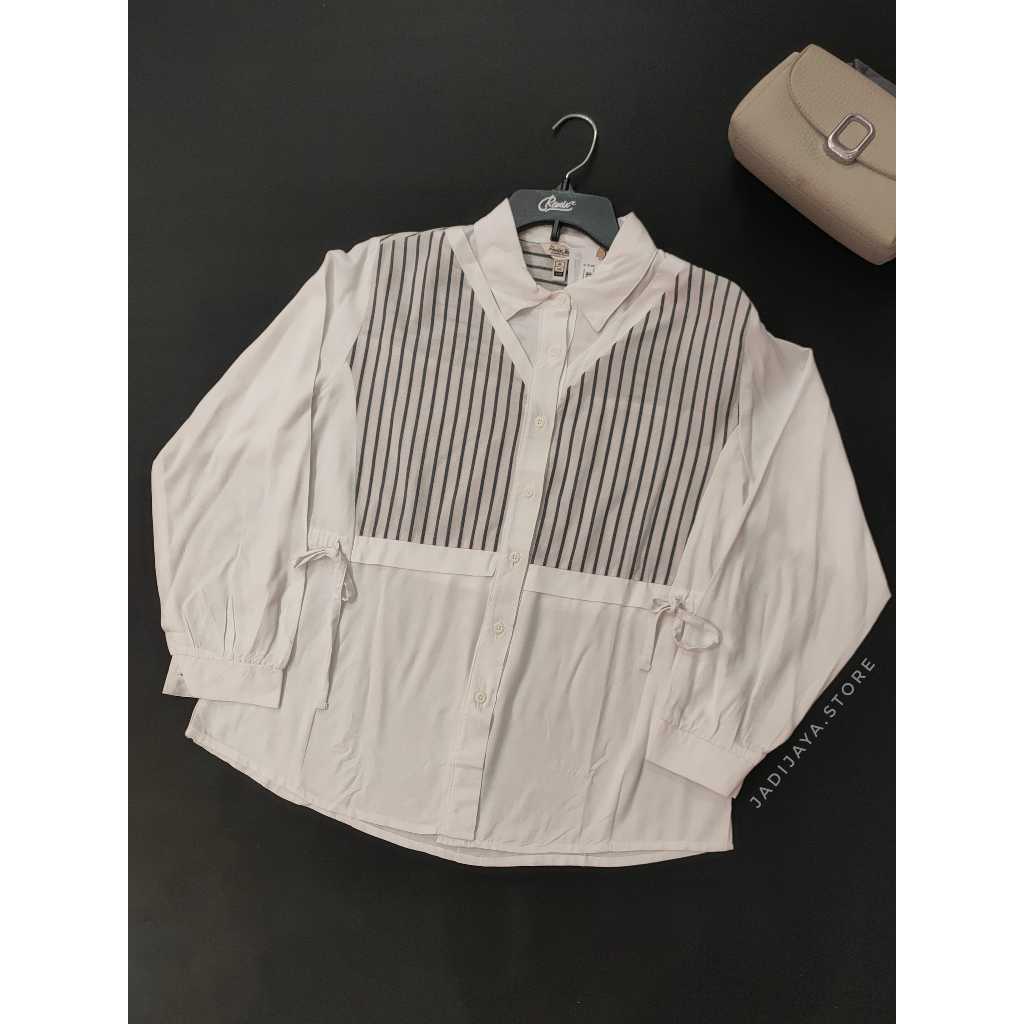 Kemeja Wanita Remix Jeans Atasan Blouse Katun Polos Lengan Panjang