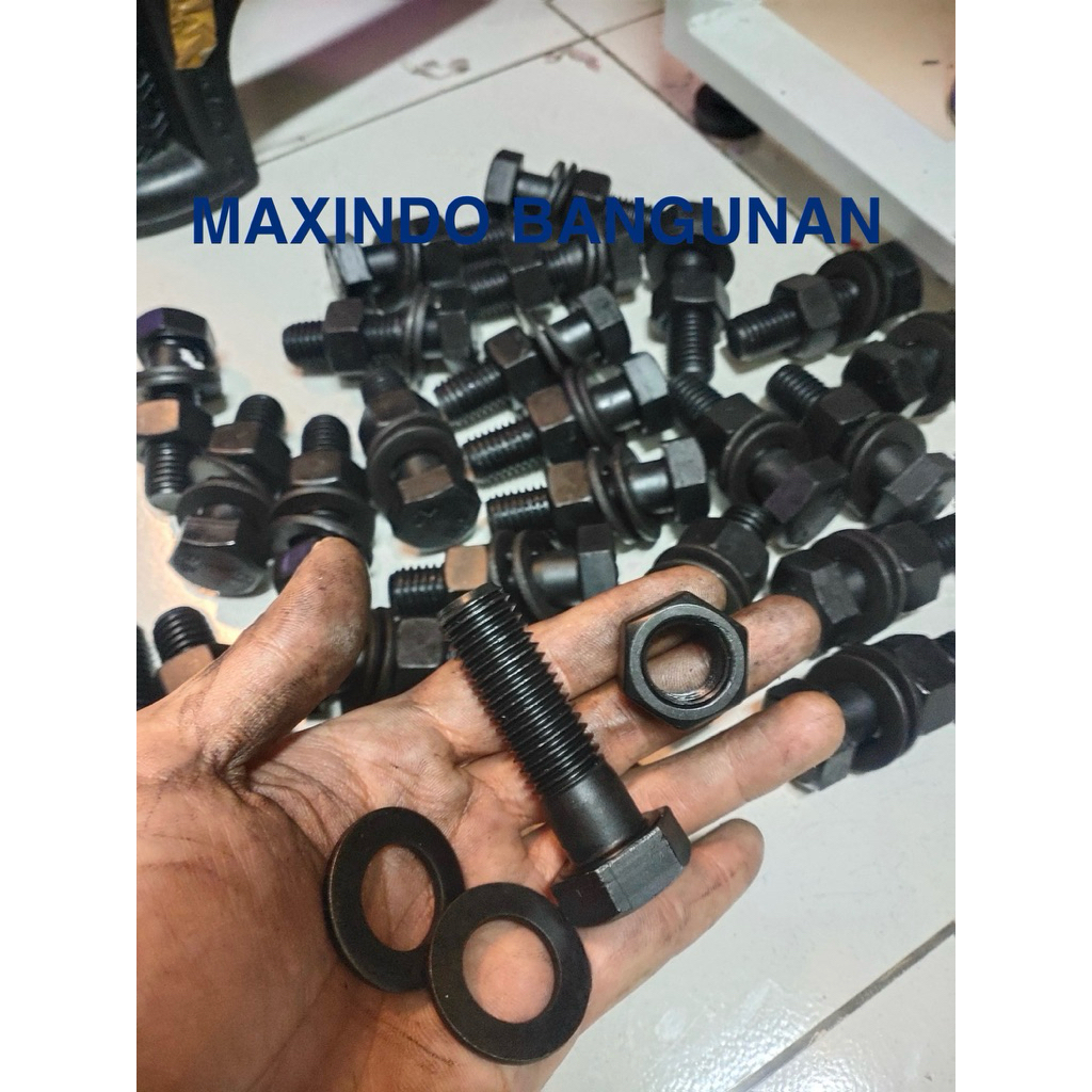 Baut Baja Hitam M16 x 60mm Flange 1set ( Baut +Ring + Mur )