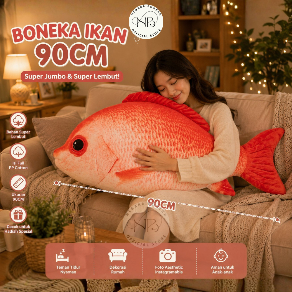 Boneka Ikan Kakap Merah Jumbo 90cm Lembut untuk Teman Tidur dan Hadiah