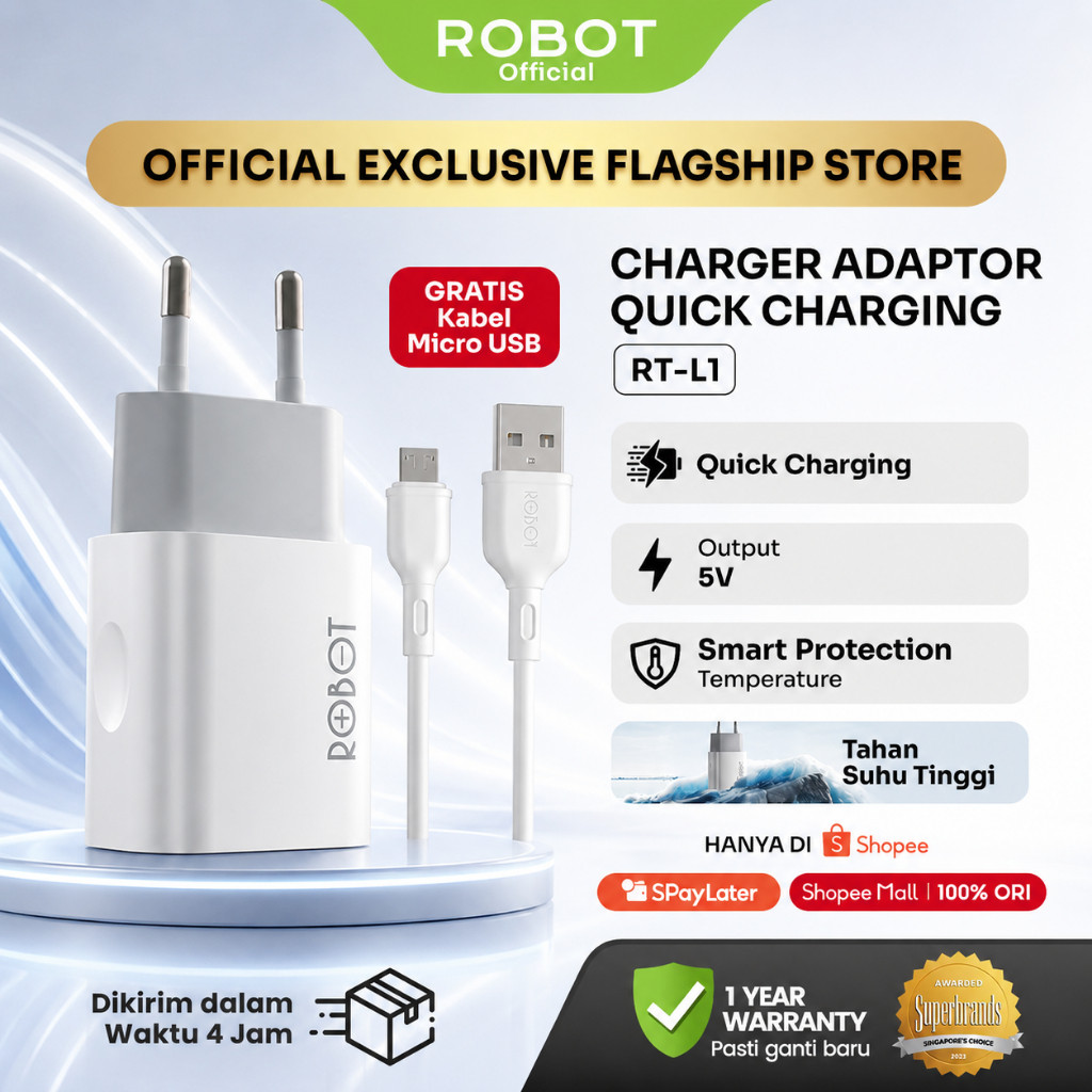 ROBOT Kepala Charger 5W Fast Charging Micro USB Type C Adaptor Single Port Quick Charging Anti Kusut Casan Universal Untuk iPhone Android Fireproof Material Original Garansi Resmi 12 Bulan - RT-L1