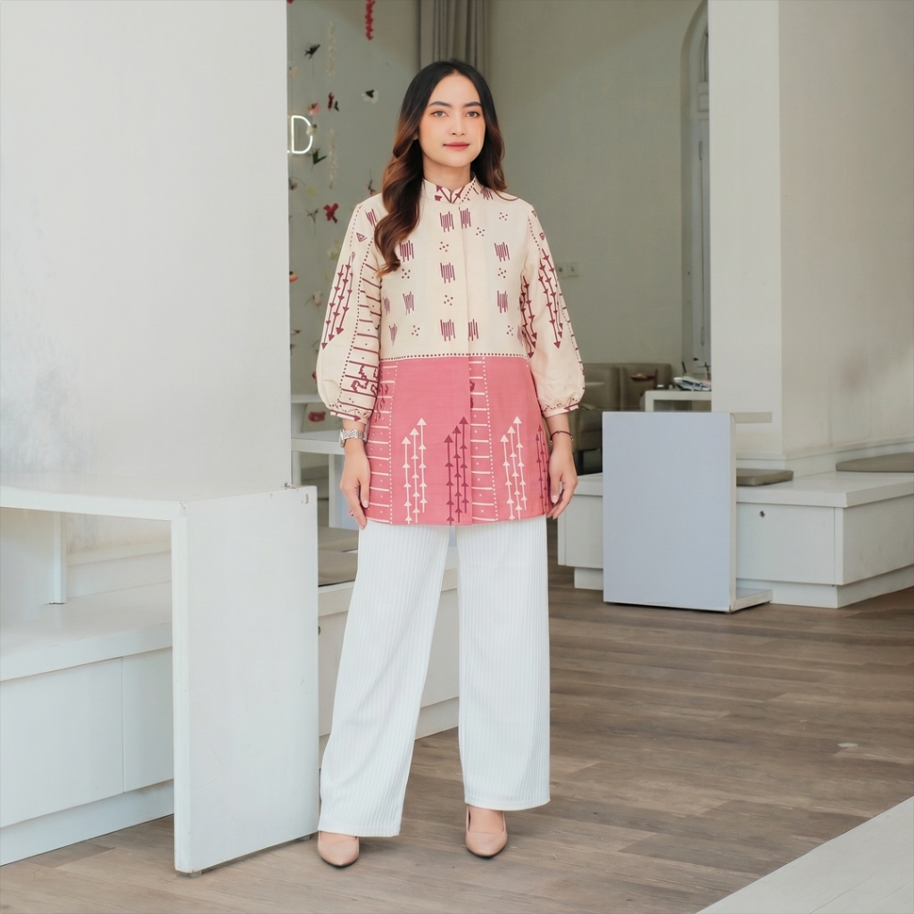 WouBatik - Blouse Tunik Atasan Batik Wanita Modern elegan warna Rose Gold Motif kombinasi M L XL XXL