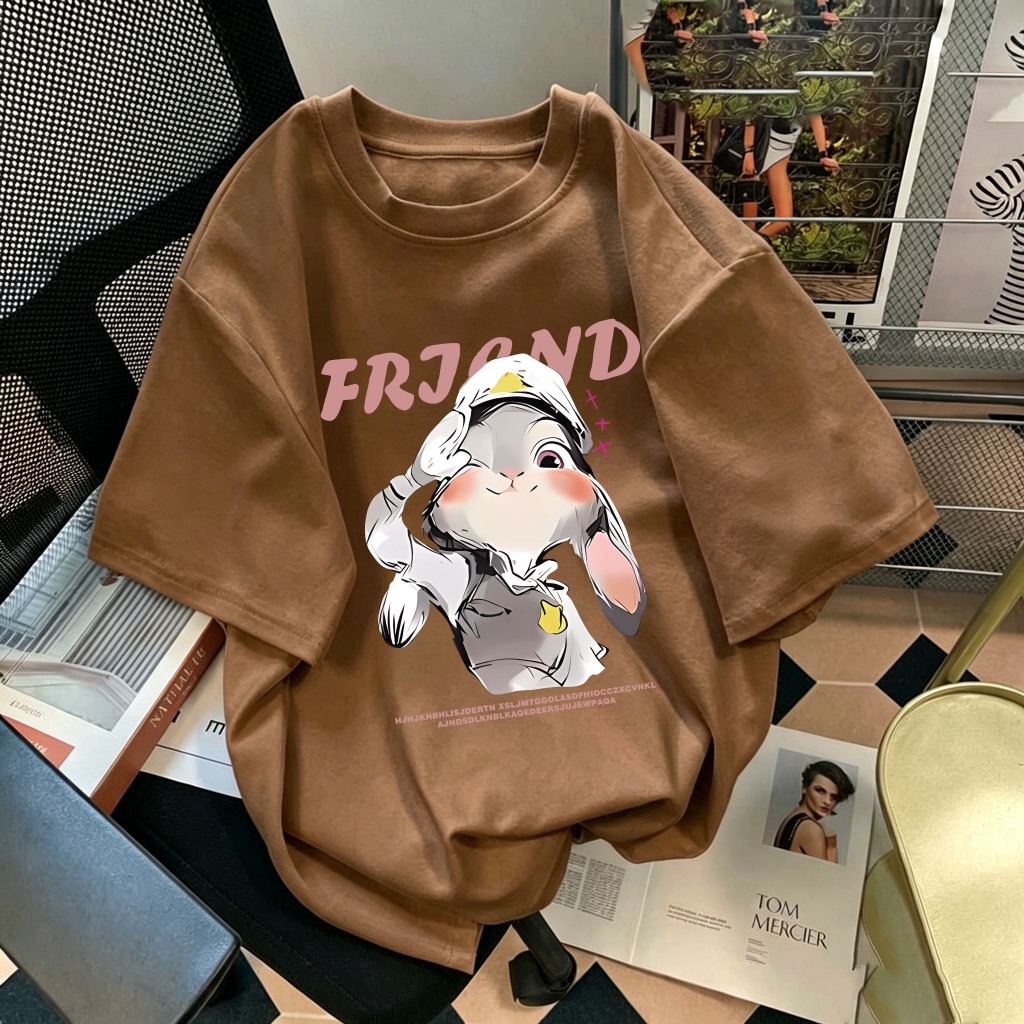 Kaos Petugas Kelinci | Atasan Wanita Gaya Korea | Kaos Kartun Korea Longgar | 100% Katun | Kaos Wani