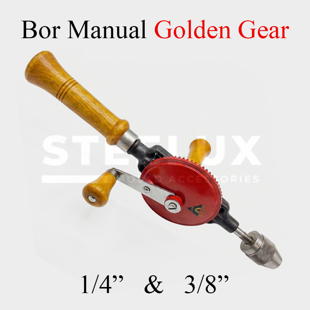 Bor Tangan Manual Golden Gear 2 Gigi Hand Drill 3/8" 9.5mm 1/4" 6.35mm Gagang Kayu Jadul Antik 10mm 
