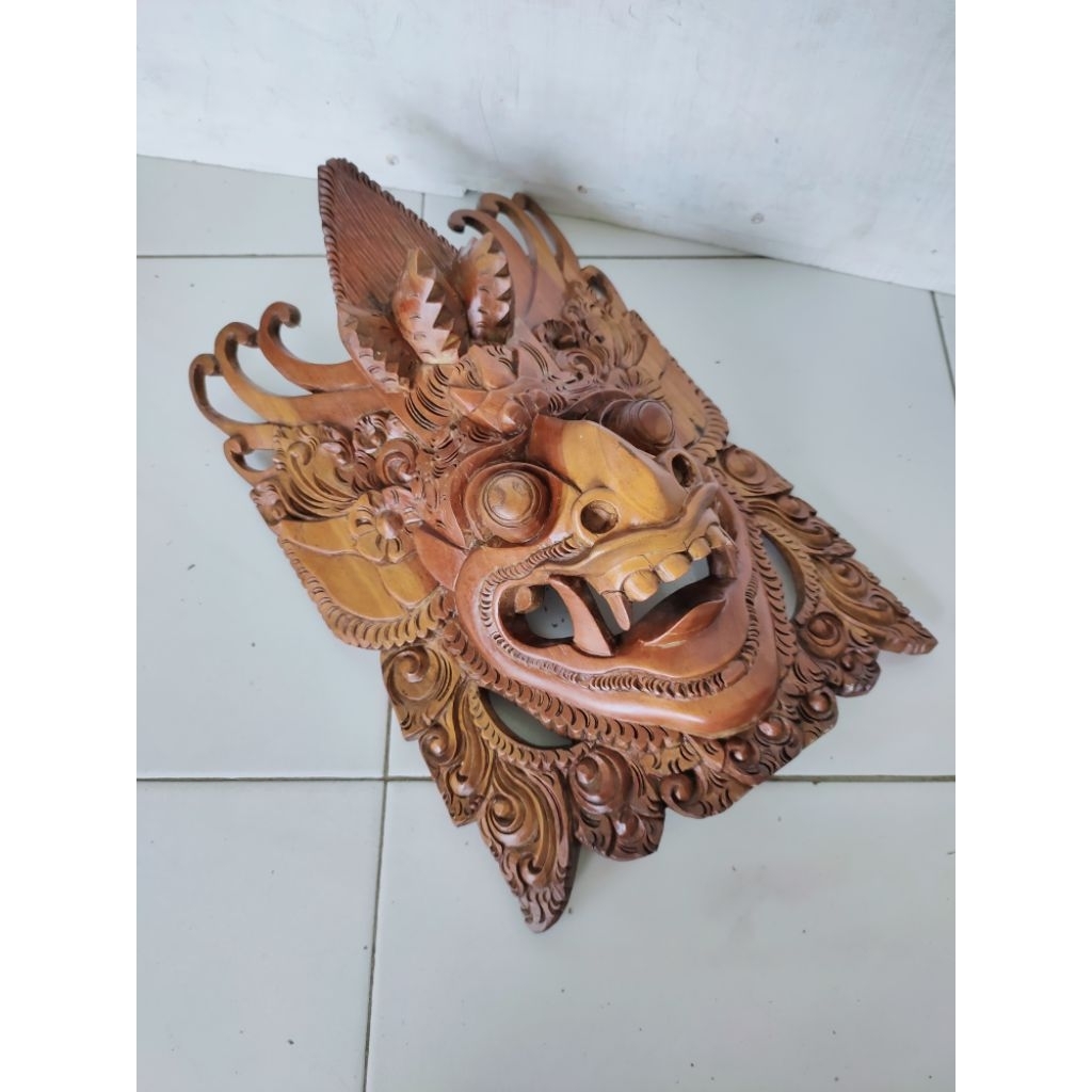Patung kayu ukiran barong vintage ukir bali lawas pahat detil pajangan dinding etnik nusantara kolek