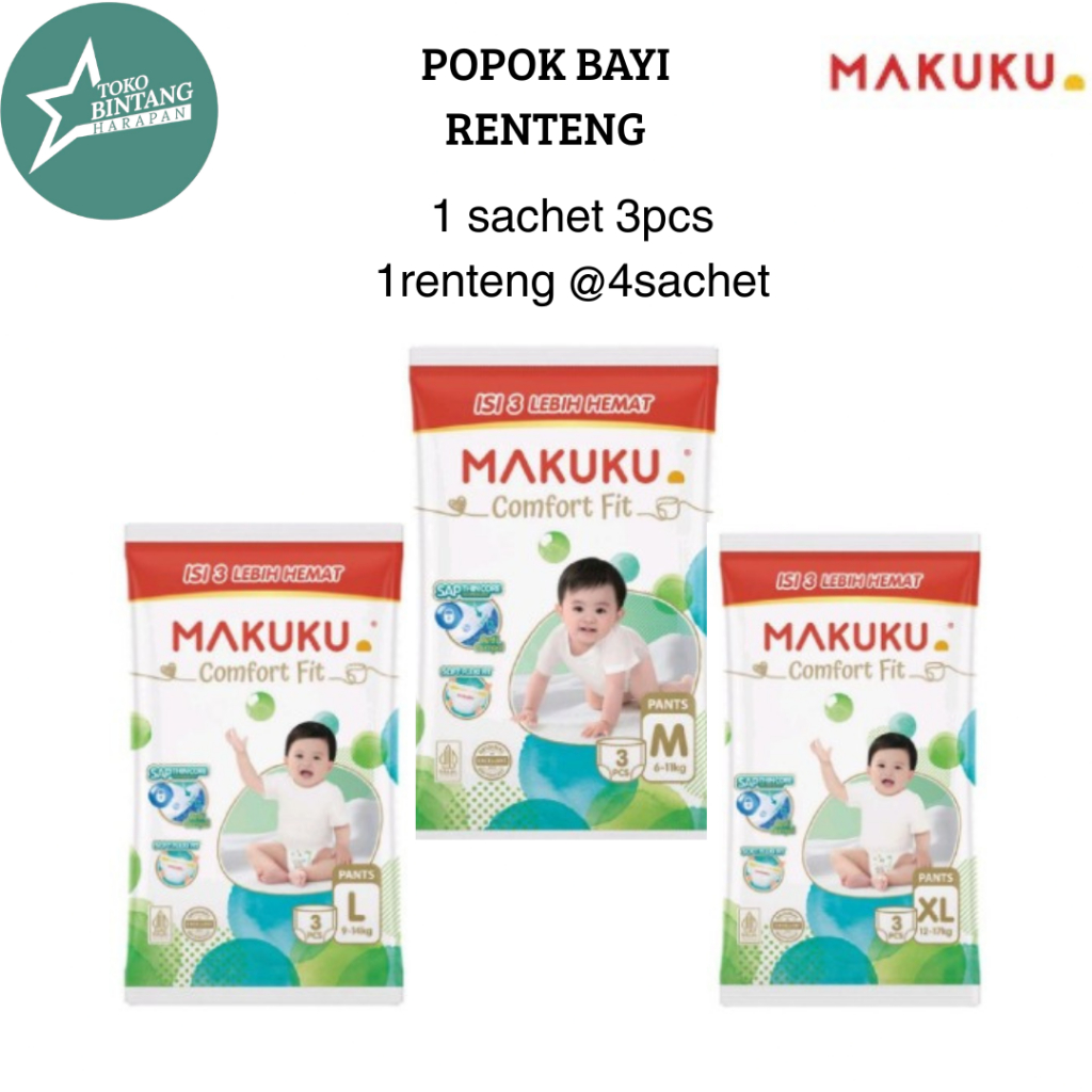 Makuku popok renteng/makuku popok bayi celana 1 renteng @4sachet (isi 12 popok)