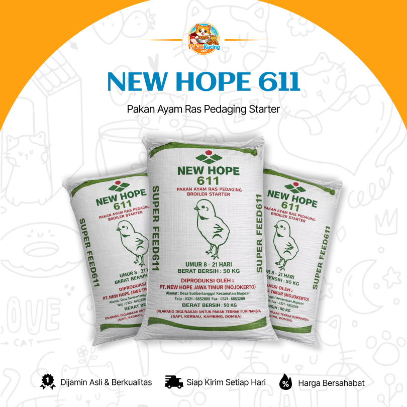 NEW HOPE 611 - Pakan Ayam Broiler Starter | Pakan Ayam Ras Pedaging Umur 8–21 Hari | 20KG - 50KG | P