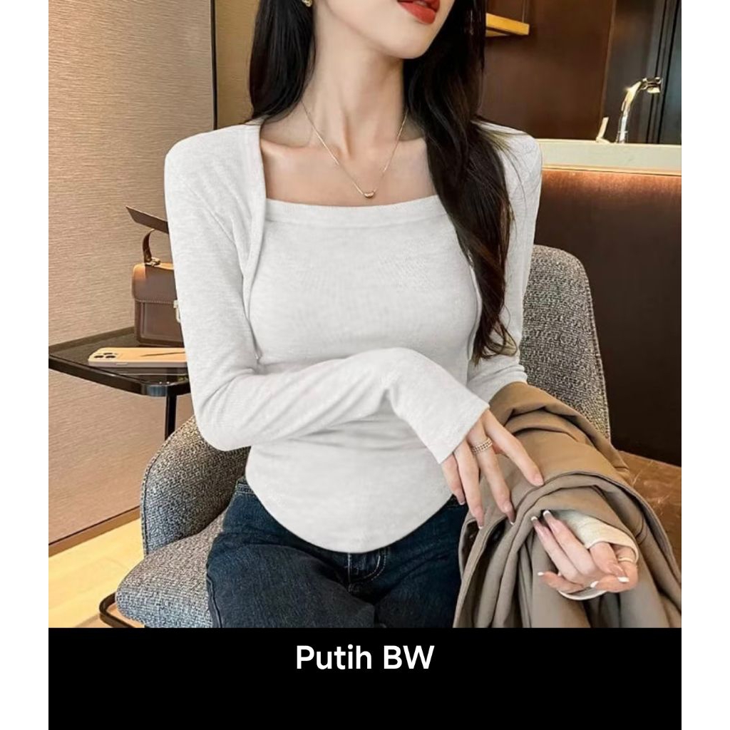 crop top korea square nec oval top lengan panjang-kaos crop top lengan panjang (korea style