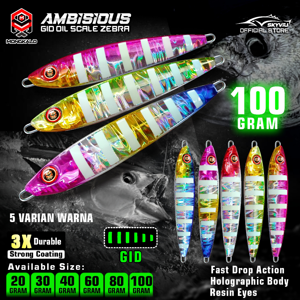 Umpan Jig 100 Gram MONGKALO AMBISIOUS GID Zebra Hologram Minyak Umpan Metal Jig 100 gr Menyala Malam