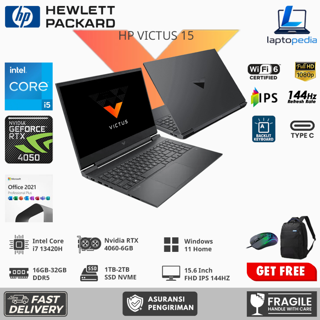 Laptop Gaming HP Victus 15 Intel Core i5 13420H Nvidia Geforce RTX4050 IPS 144Hz Windows 11 Black