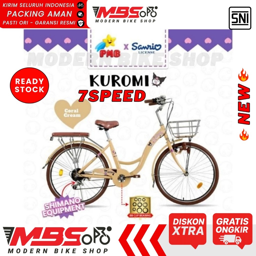 Sepeda Keranjang PMB Kuromi Sanrio License CTB 26 Inch MN 315 Shimano 7 Speed Sepeda Wanita Dewasa