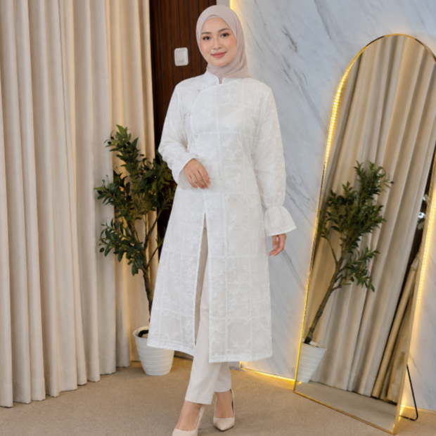 Delova Wardrobe - LITA Tunik Long Outer Raya Cutton Tencel Embroidery Peper Silk Tile Brukat Kondangan Lebaran