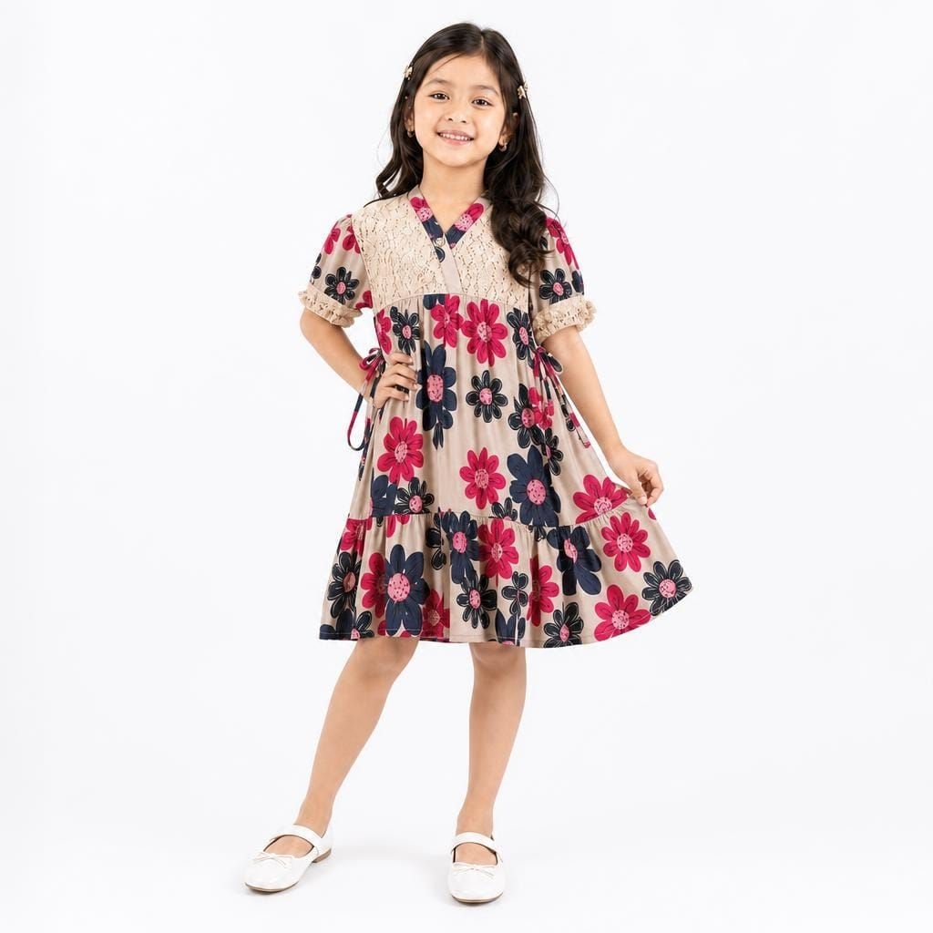 Dress Bunga Anak Perempuan / Gamis Midi Floral Brokat Tile Lengan Balon / Baju Pesta Kondangan Anak 