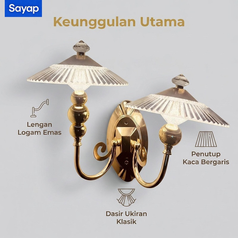 Lampu Dinding 2 Kepala Emas, Lampu Tidur Klasik, Lampu Hias Dinding Hotel Mewah