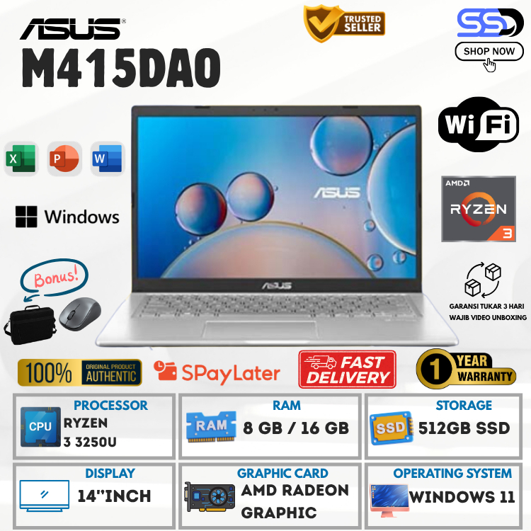 ASUS M415DAO AMD Ryzen 3-3250U RAM 16GB/SSD 1TB 14" FHD BACKLIT FINGERPRINT W 11 free MOUSE DAN TAS