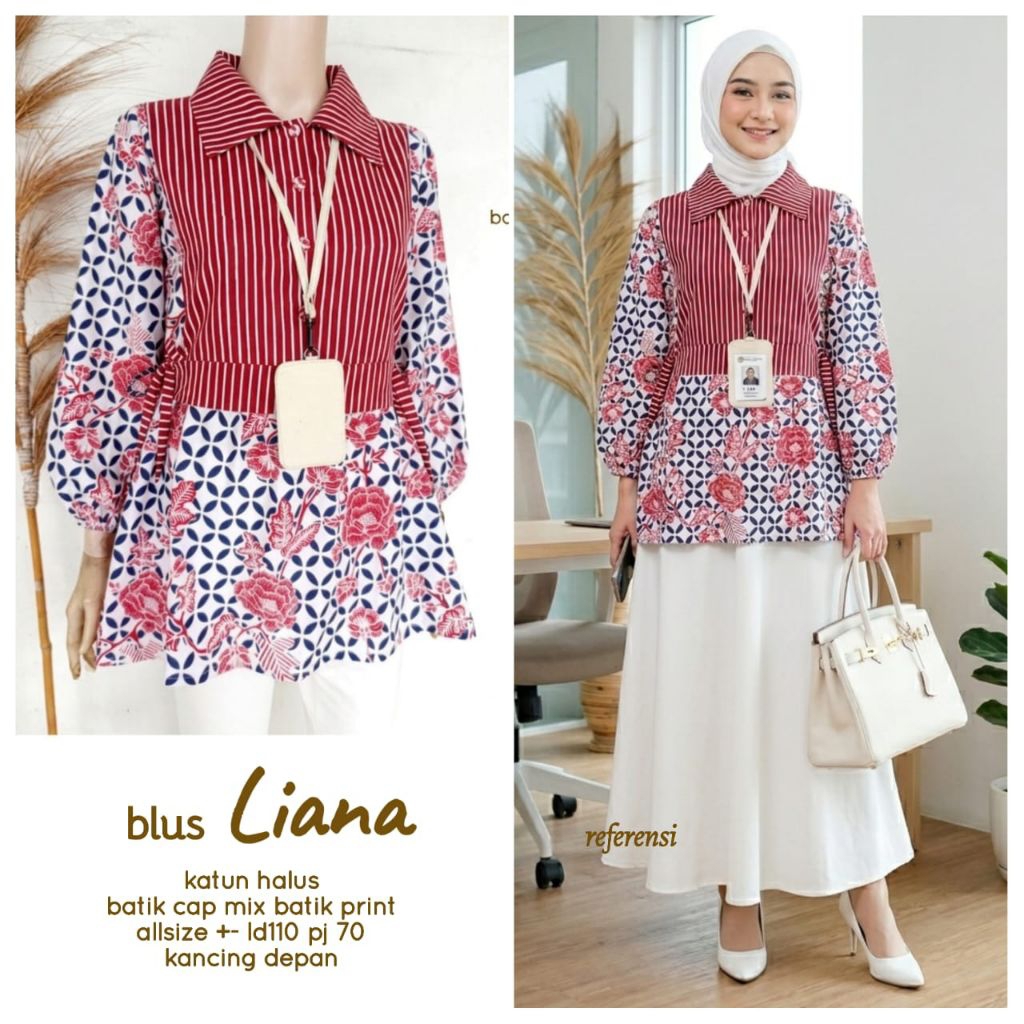 BLOUSE BLUS LIANA KATUN HALUS BATIK CAP GARUTAN KANCING DEPAN TALI SAMPING