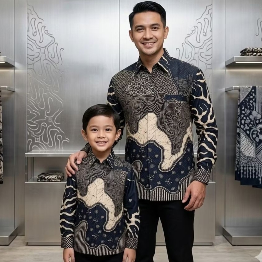 Hitam Cream, Kemeja Batik Couple Ayah Dan Anak, Warna Hitam Cream, Motif Raja Ampat, Bahan Katun