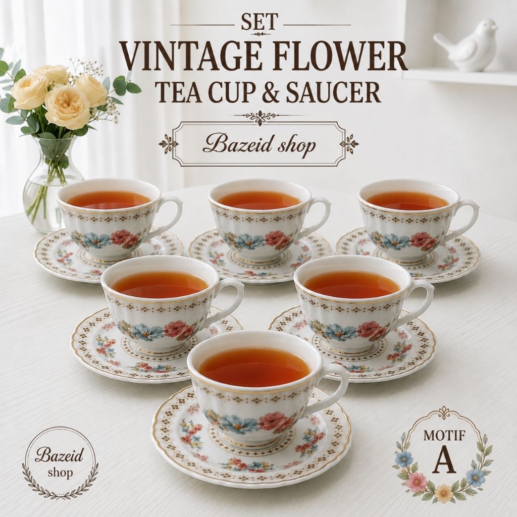 SET VINTAGE FLOWER TEA CUP 6 PCS & SAUCER PCS