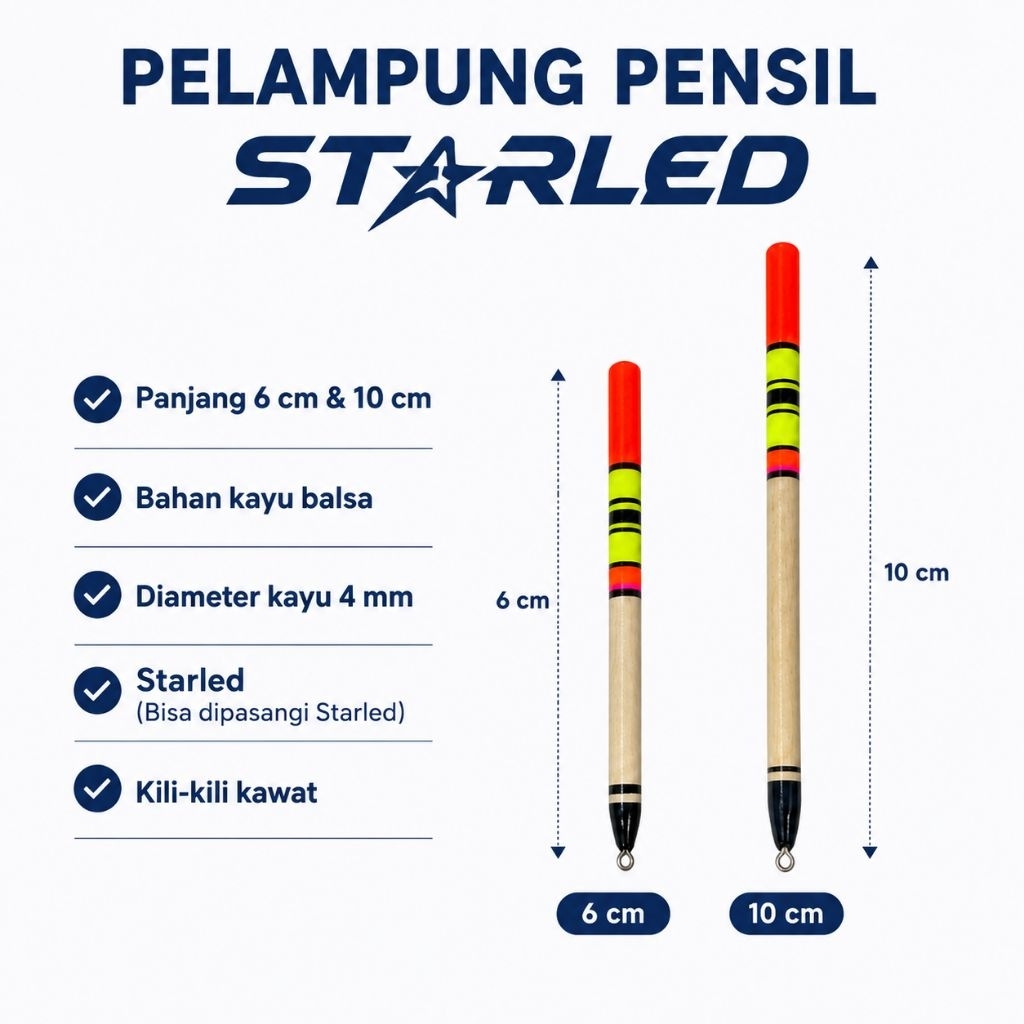 Pelampung kayu balsa model pensil starled untuk mancing ikan mas/tombro,nila,patin,lele,dll cocok bu