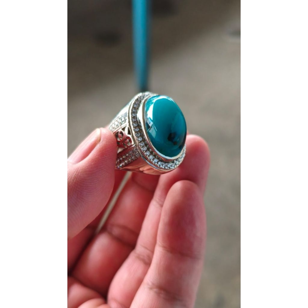 Cincin Ring batu bacan doko majiko bluish nempel coklat natural