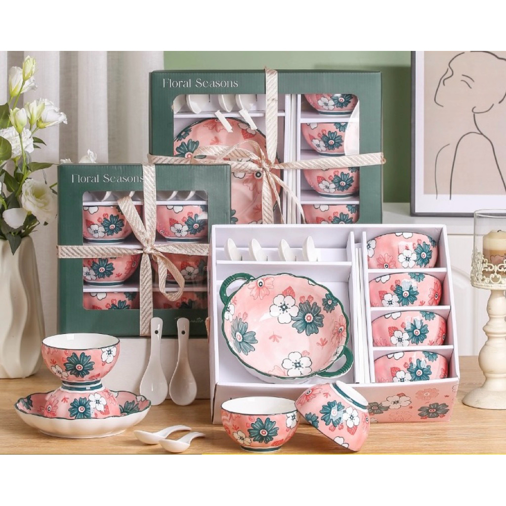 Piring dan Mangkuk Motif sakura | Set Piring dan mangkuk