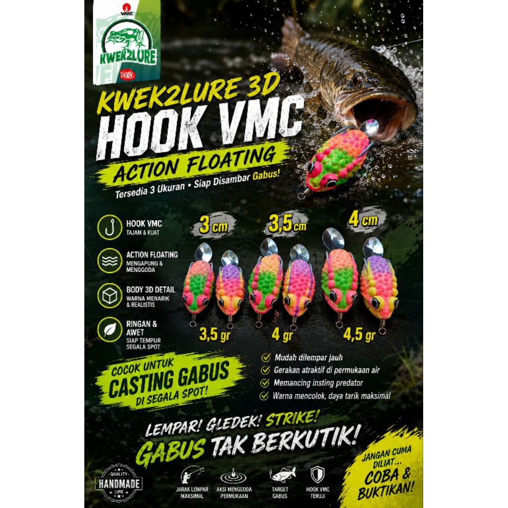 Umpan Casting Gabus Soft Frog Kwek2lure Hook VMC