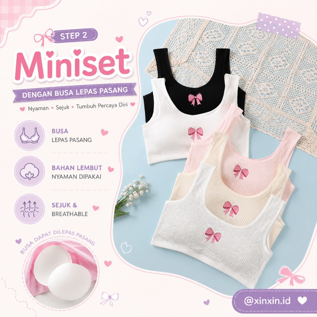 MINISET STEP 2 POLOS RIBBED TALI LEBAR SD SMP MINI SET BH BRA KATUN ANAK REMAJA PEREMPUAN TALI TEBAL
