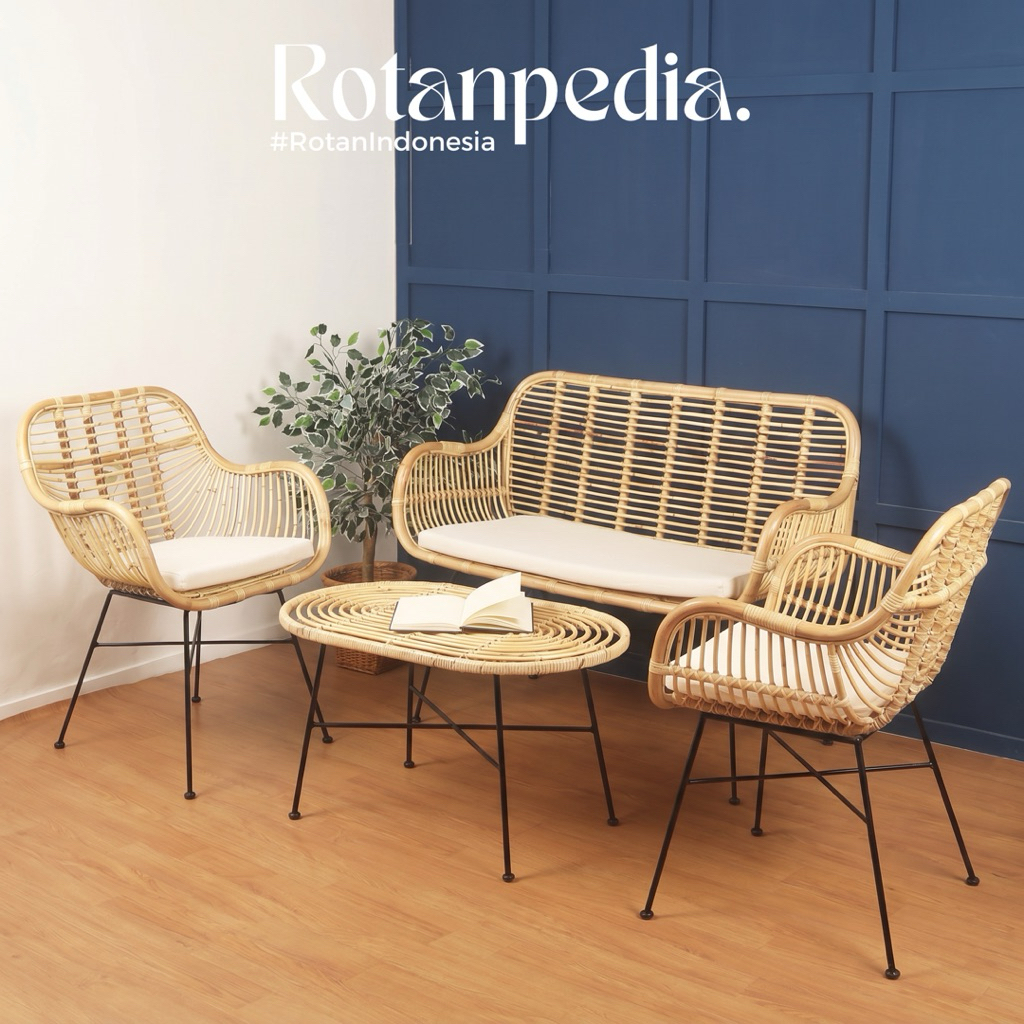 Set Kursi Sofa Rotan Asli Minimalis Kaki Besi + Meja | Kursi Tamu Rotan Aesthetic Modern | Kursi Caf