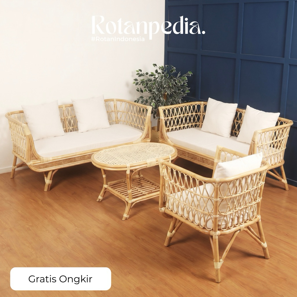 Set Kursi Sofa Banch Rotan Asli Minimalis / Sofa Tamu Panjang Rotan / Kursi Sofa Sandaran Rotan / So