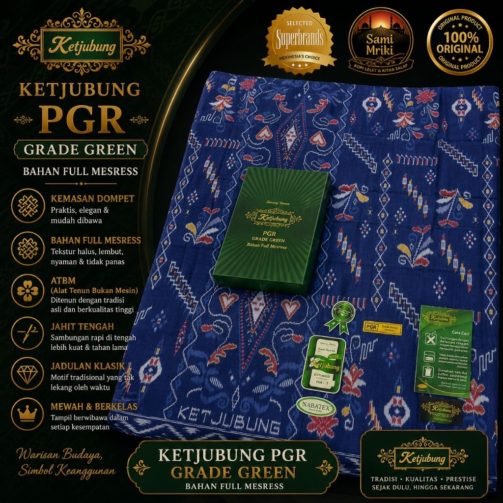 Sarung Ketjubung PGR Corak Pinggiran Kembang Grade Green Jahit Tengah Bukan Goyor