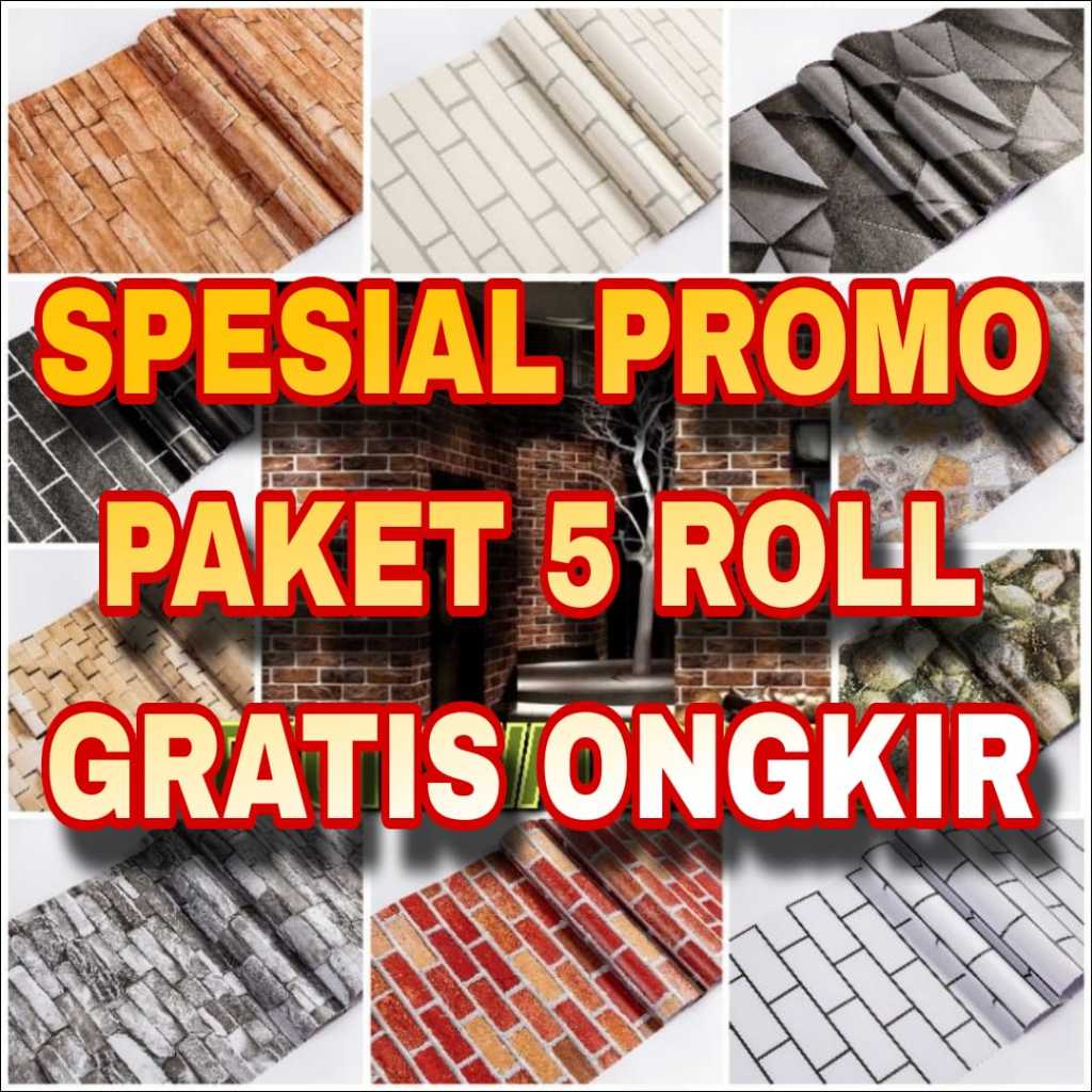 PROMO PAKET HEMAT 5 ROLL  Wallpaper Sticker Dinding Batu Alam 3D | Batu Bata 3D | MARMER minimalis M