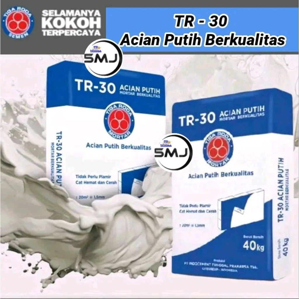 Mortar Acian Putih TR-30 Tiga Roda Mortar Acian Putih TR30 Tiga Roda 40kg Sak Mortar Putih Acian