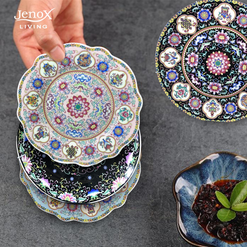 Piring Datar Porselen Putih Berhias bunga Gaya khas Cina, Warna Enamel bunga, Piring Camilan Kecil