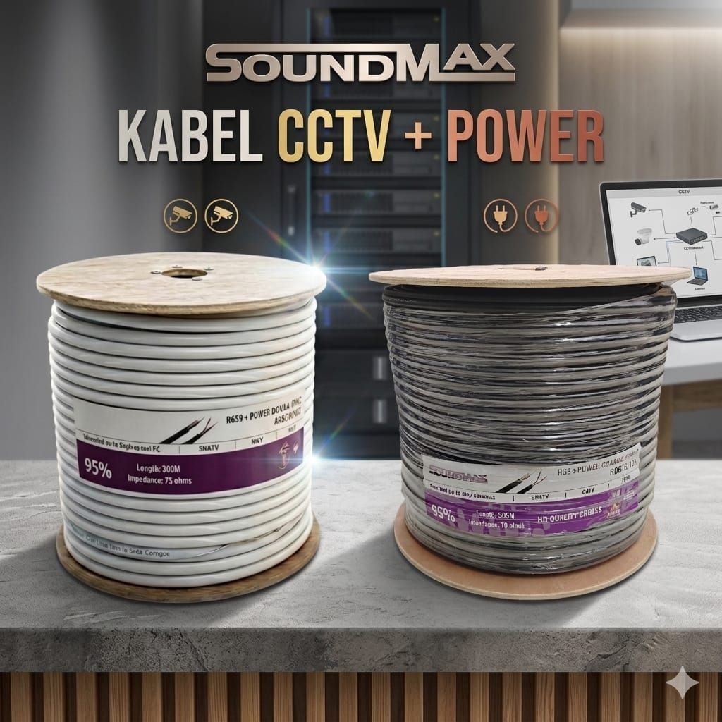 Kabel CCTV RG59 RG6 PLUS POWER SOUNDMAX HITAM PUTIH 305M