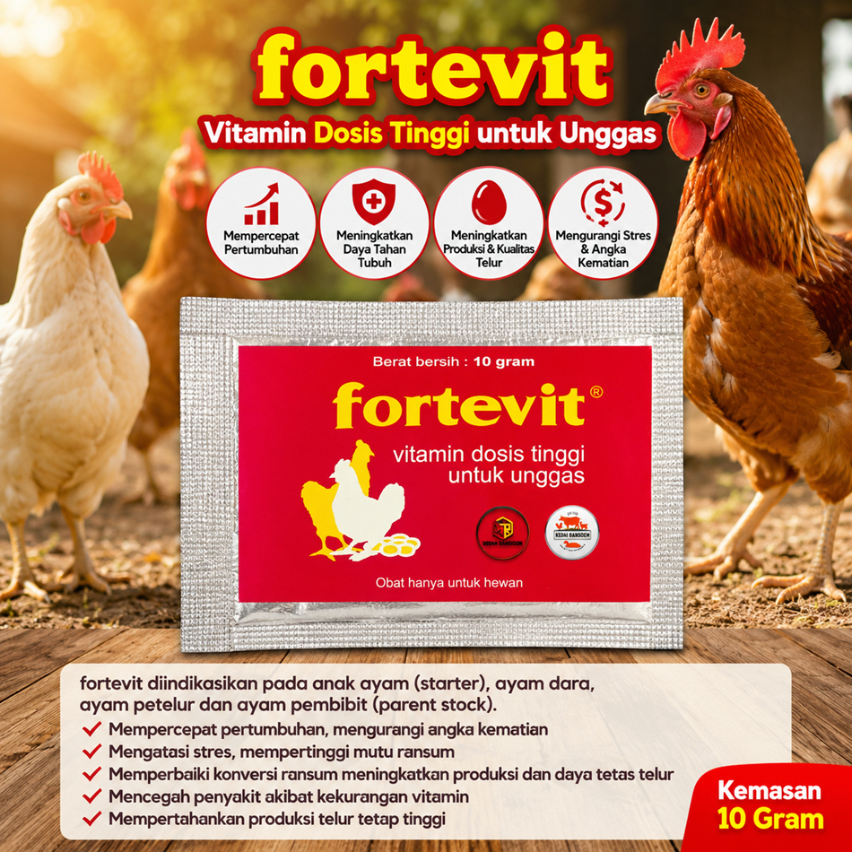 Fortevit 10gr Vitamin Ayam Dosis Tinggi | Vitamin Unggas Larut Air | Suplemen Ayam Petelur Broiler D