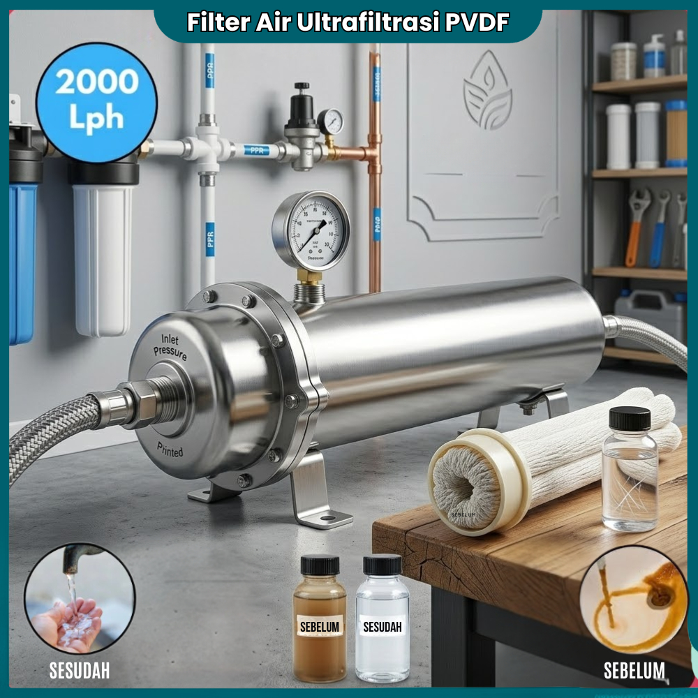 Filter Air Ultrafiltrasi PVDF 1000L Penjernih Penyaring Air Sumur Bor Rumah Tangga Keruh Kuning Bau 