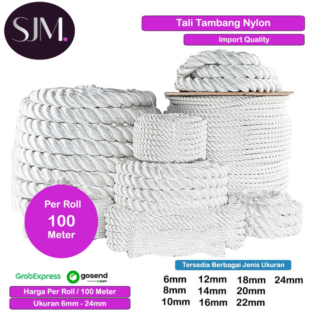 Tali Tambang Nylon 6 mm - 16mm Roll Tali Tambang Nilon Kecil Sedang Besar Putih Per Roll Gulungan Mu