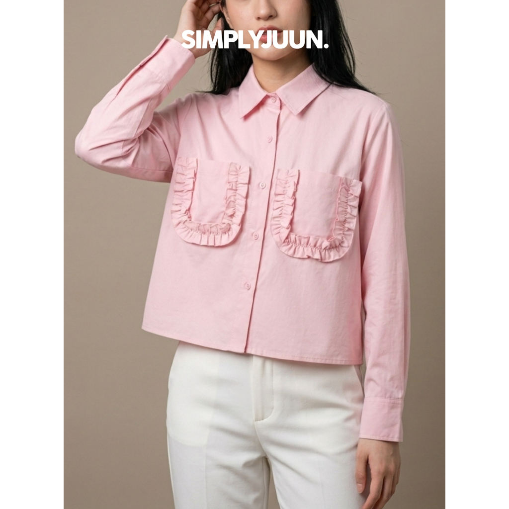 GLEE - Kemeja Wanita Ruffle Katun Poplin Pocket Boxy Crop Cotton Hijab Friendly Casual | Cotton Shir
